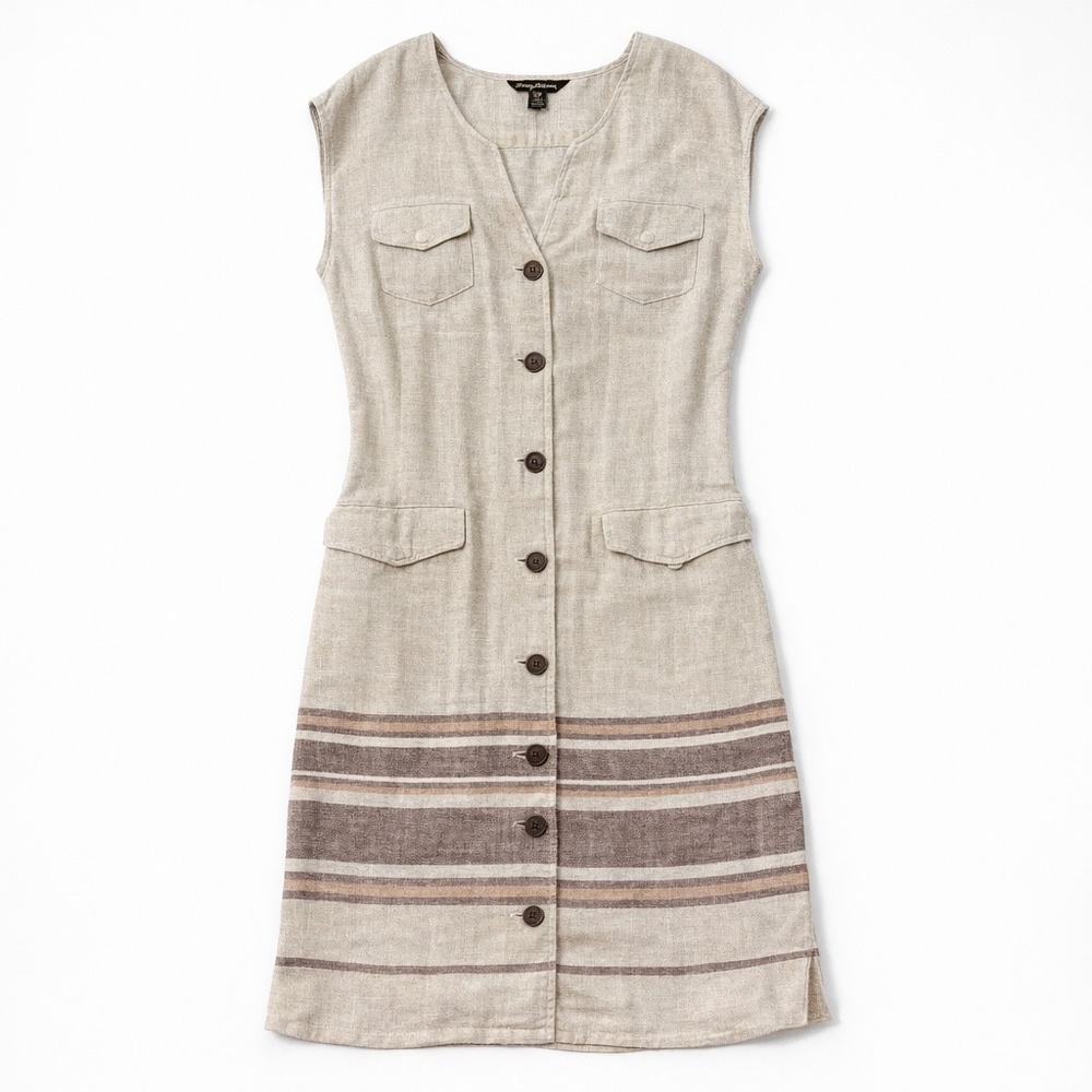 Tommy Bahama Womens Linen Button Front shift Dress Beige  Sleeveless Small